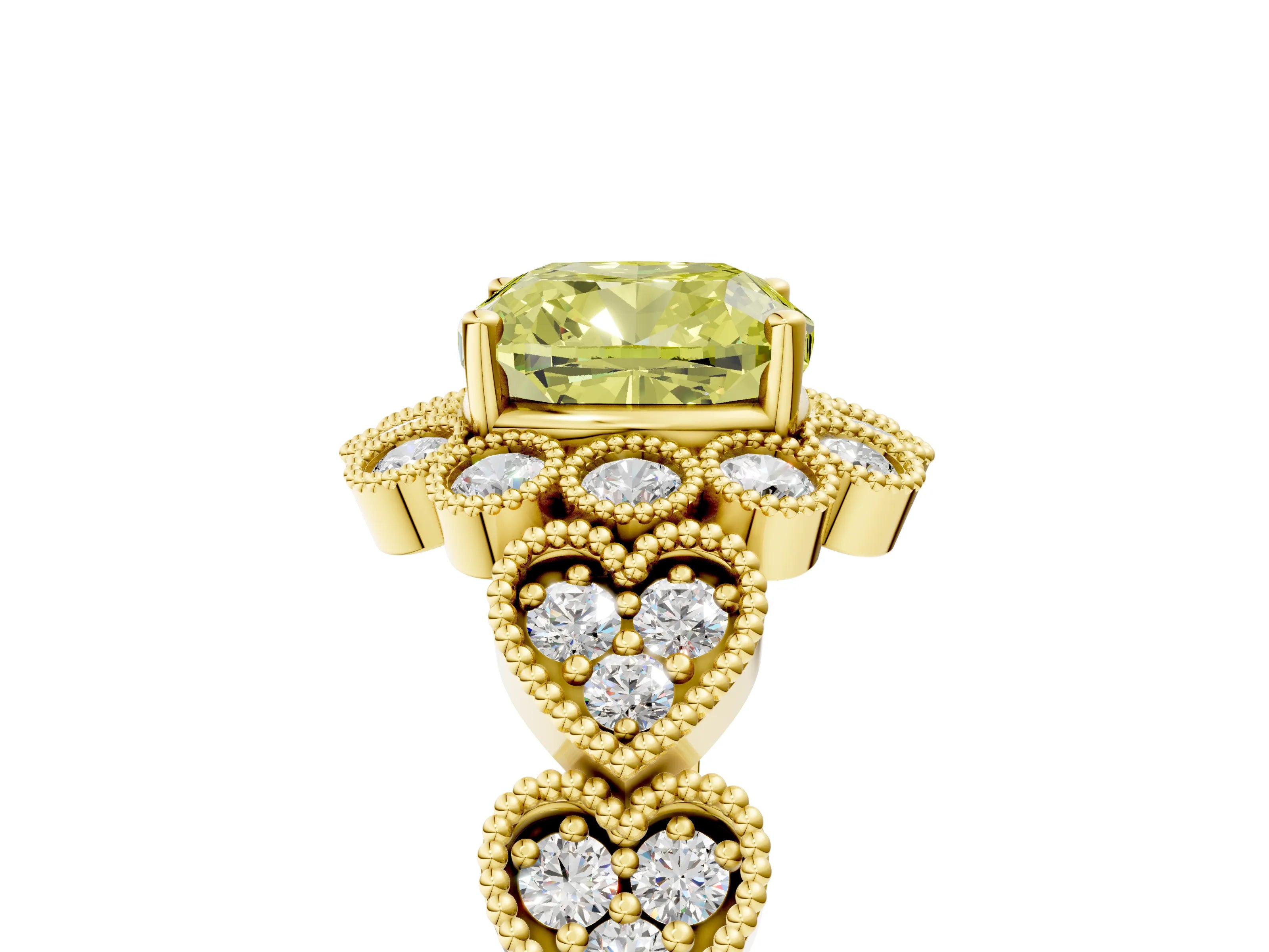 Yellow gold Fancy Yellow Cushion Cut Brilliant Milgrain Pave Heart Band Solitaire Ring_5