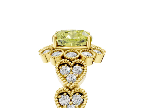 Yellow gold Fancy Yellow Cushion Cut Brilliant Milgrain Pave Heart Band Solitaire Ring_5