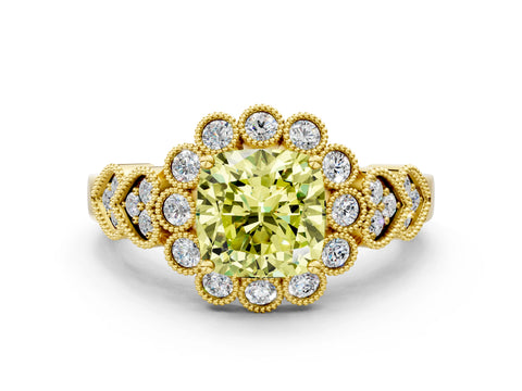 Yellow gold Fancy Yellow Cushion Cut Brilliant Milgrain Pave Heart Band Solitaire Ring