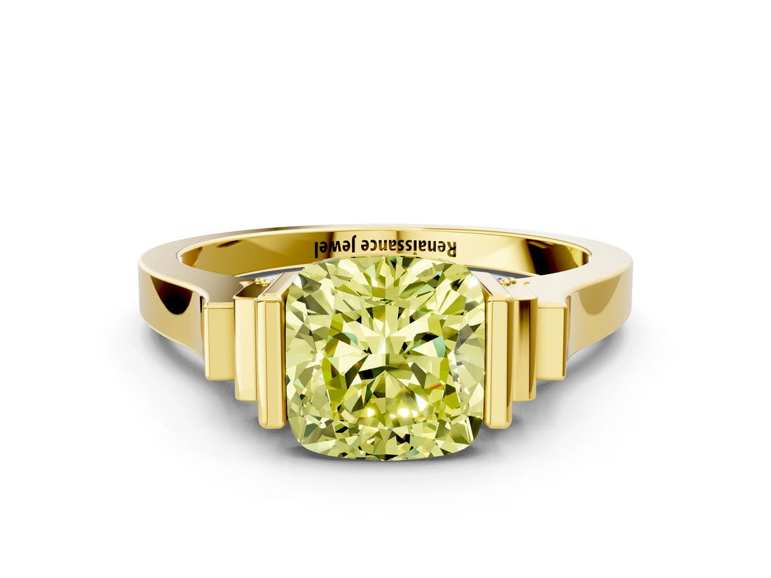 Yellow gold Fancy Yellow Cushion Cut Brilliant Solitaire Diamond Ring with Channel Set Band and Bar Prong Setting_6