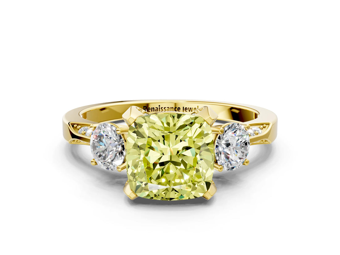 Yellow gold Fancy Yellow Cushion Cut Brilliant Three-Stone Diamond Ring with Pavé Band and Four-Prong Setting_3