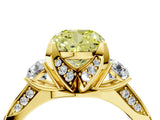 Yellow gold Fancy Yellow Cushion Cut Brilliant Three-Stone Diamond Ring with Pavé Band and Four-Prong Setting_7