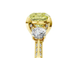 Yellow gold Fancy Yellow Cushion Cut Brilliant Three-Stone Diamond Ring with Pavé Band and Four-Prong Setting_8