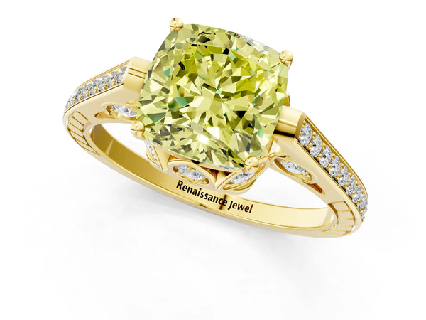 Yellow gold Fancy Yellow Cushion  Cut Cathedral Pave Diamond Engagement Ring with Six-Prong Setting