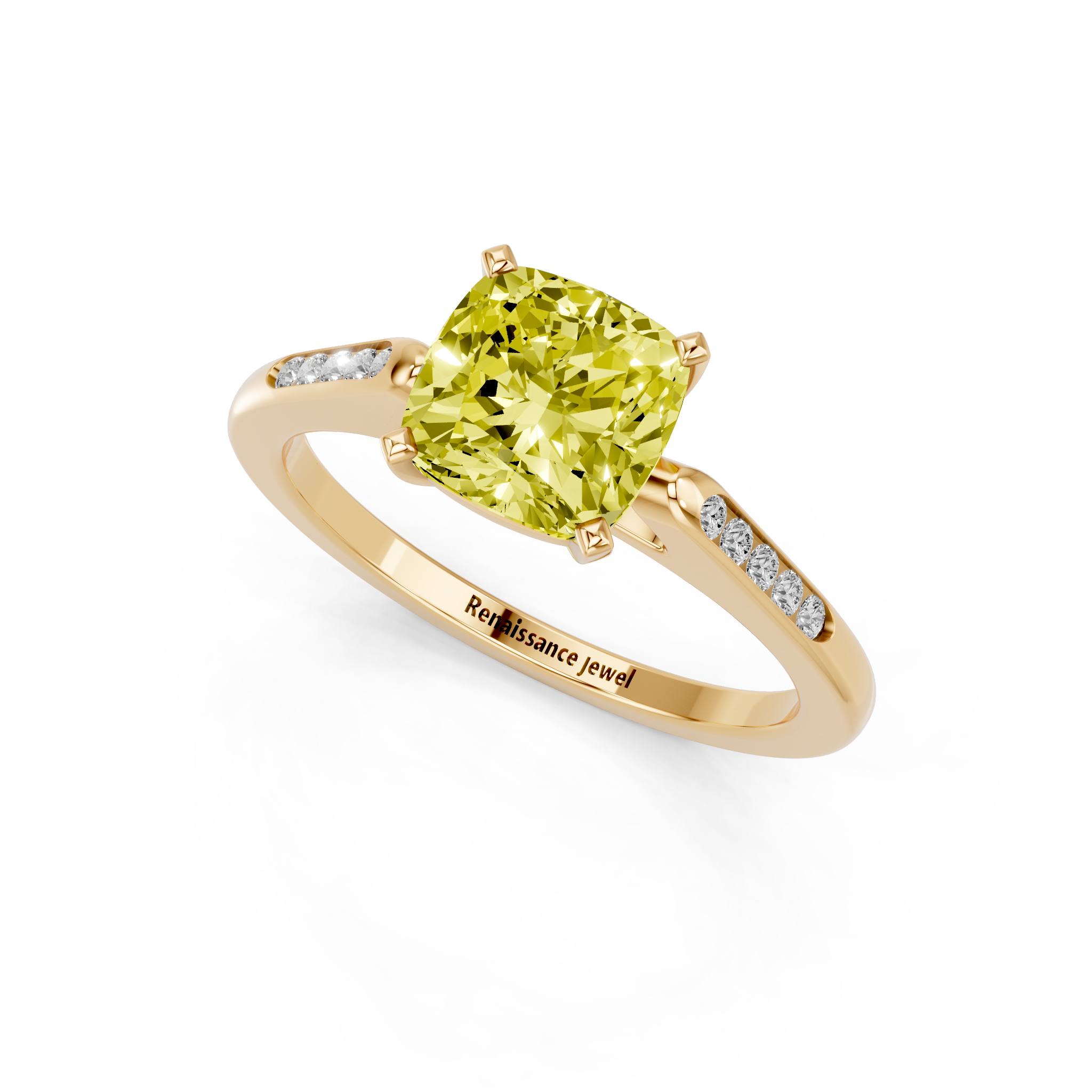 Yellow gold Fancy Yellow Cushion  Cut Channel Set Solitaire Engagement Ring with Four-Prong Setting_13