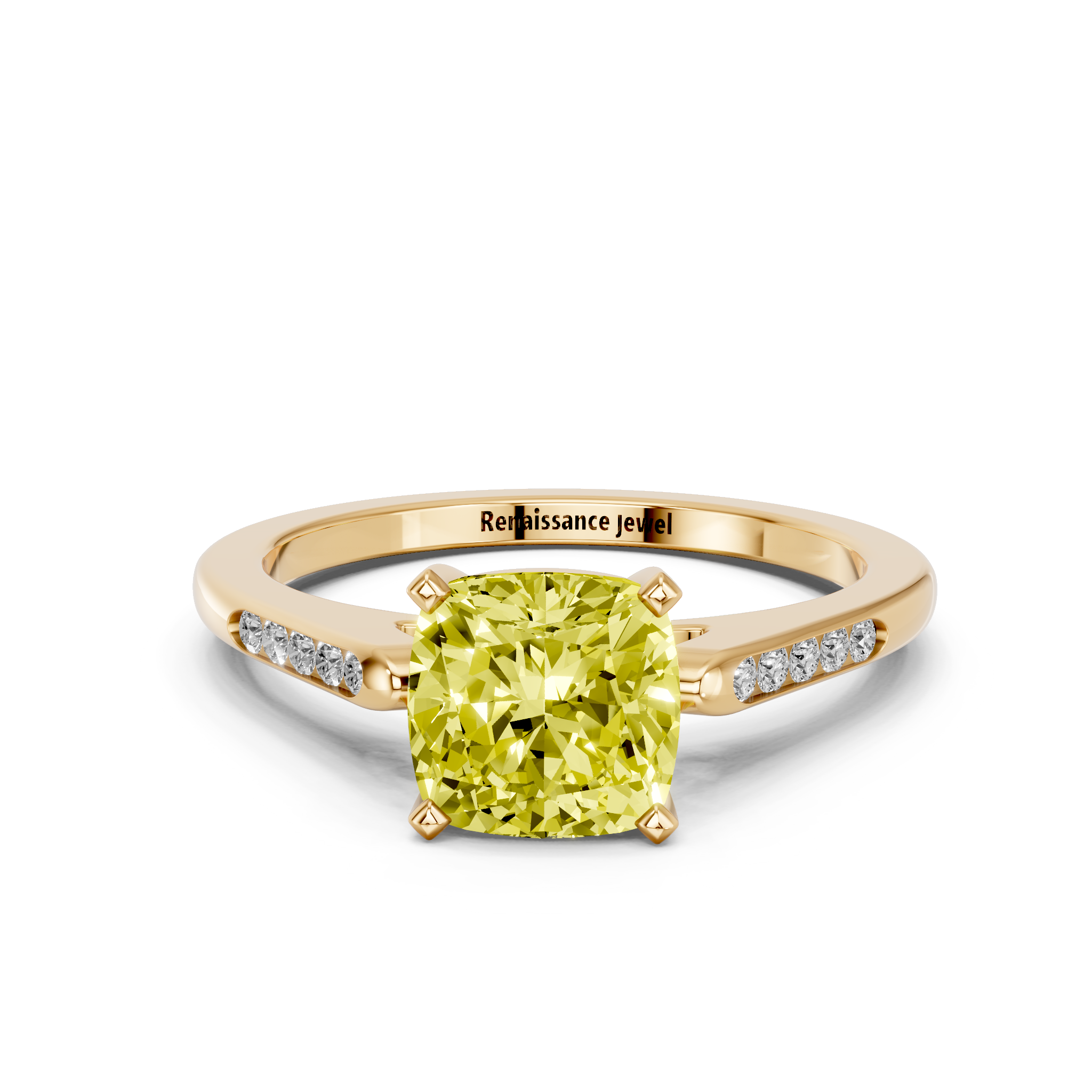 Yellow gold Fancy Yellow Cushion  Cut Channel Set Solitaire Engagement Ring with Four-Prong Setting_21