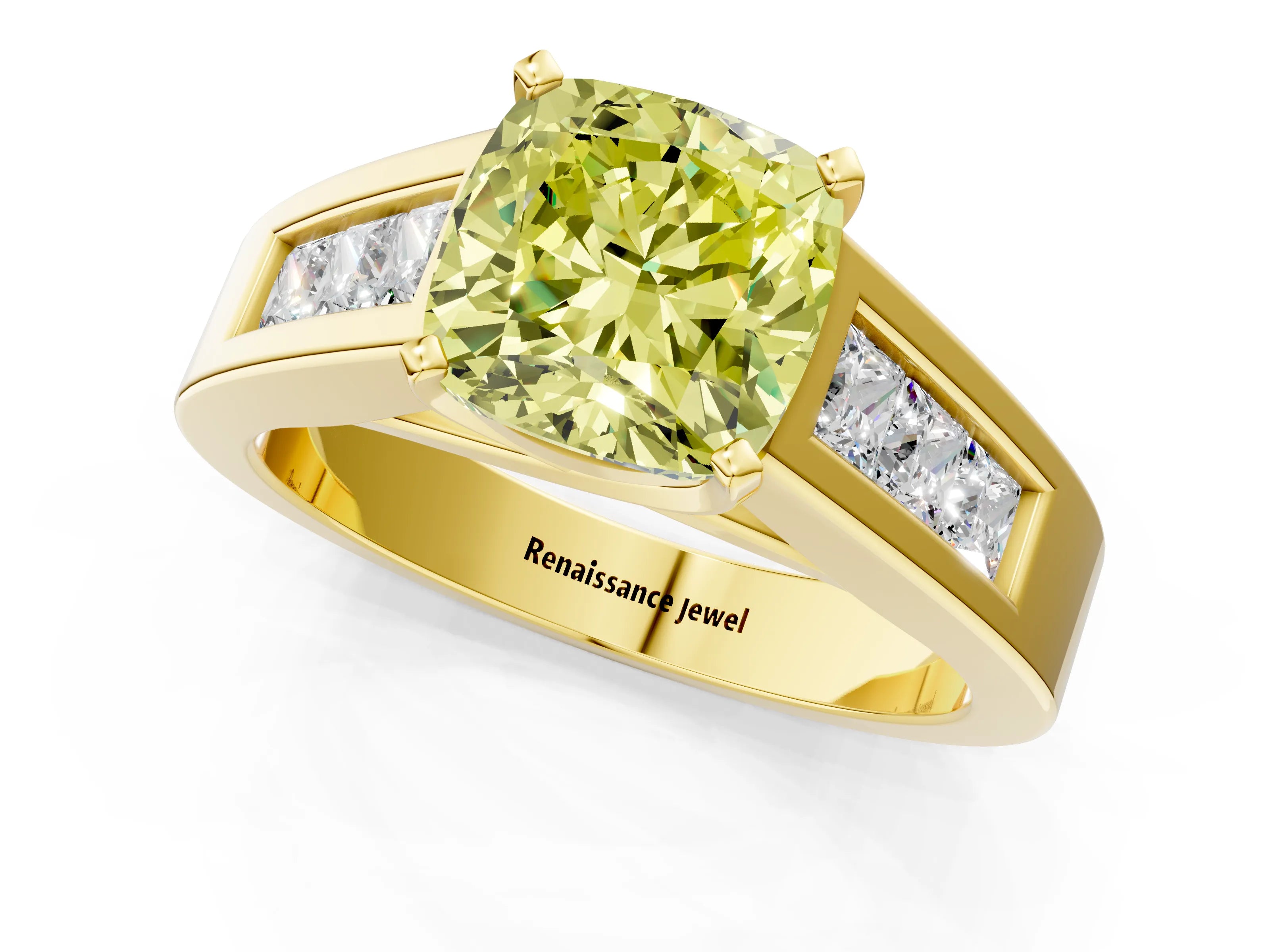 Yellow gold Fancy Yellow Cushion Cut Cut Channel Set Solitaire Ring with Four-Prong Setting_1