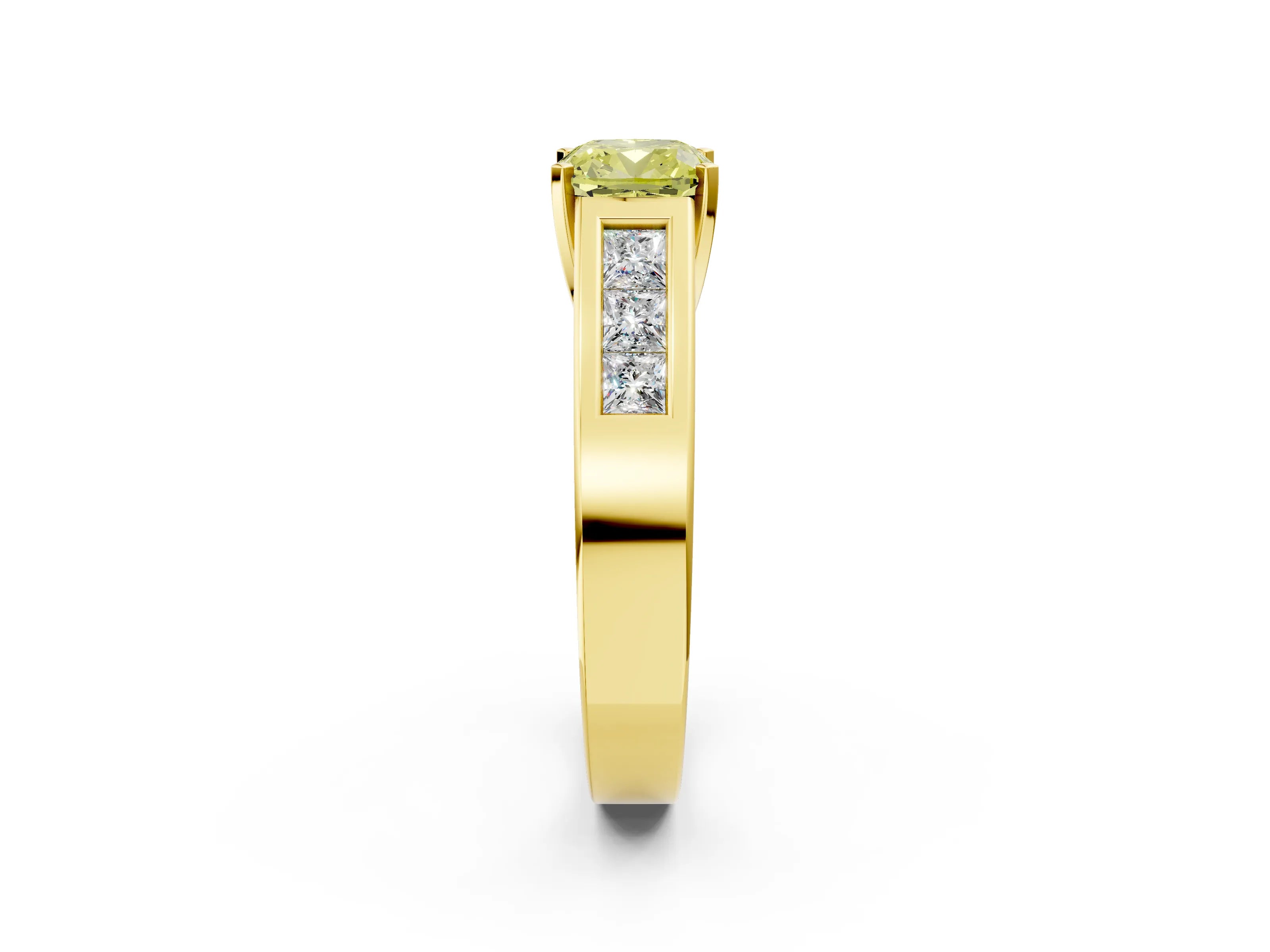 Yellow gold Fancy Yellow Cushion Cut Cut Channel Set Solitaire Ring with Four-Prong Setting_2