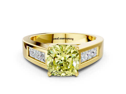 Yellow gold Fancy Yellow Cushion Cut Cut Channel Set Solitaire Ring with Four-Prong Setting