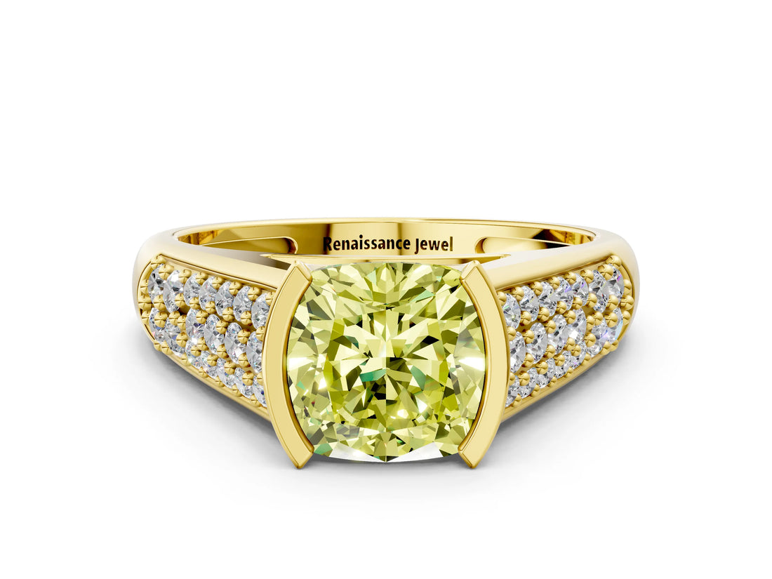 Yellow gold Fancy Yellow Cushion Cut Cut Diamond Channel Set Pave Band with Tension Prong Setting