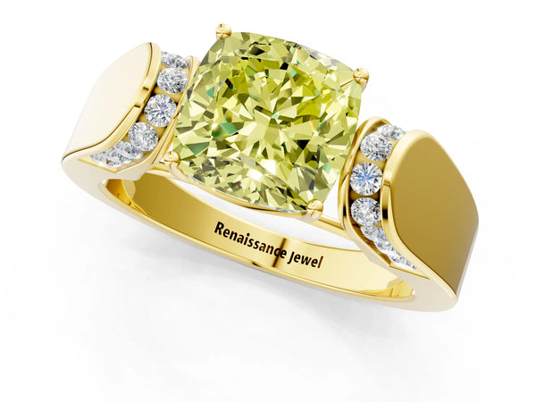 Yellow gold Fancy Yellow Cushion Cut Cut Diamond Channel Set Solitaire Ring with Four-Prong Setting