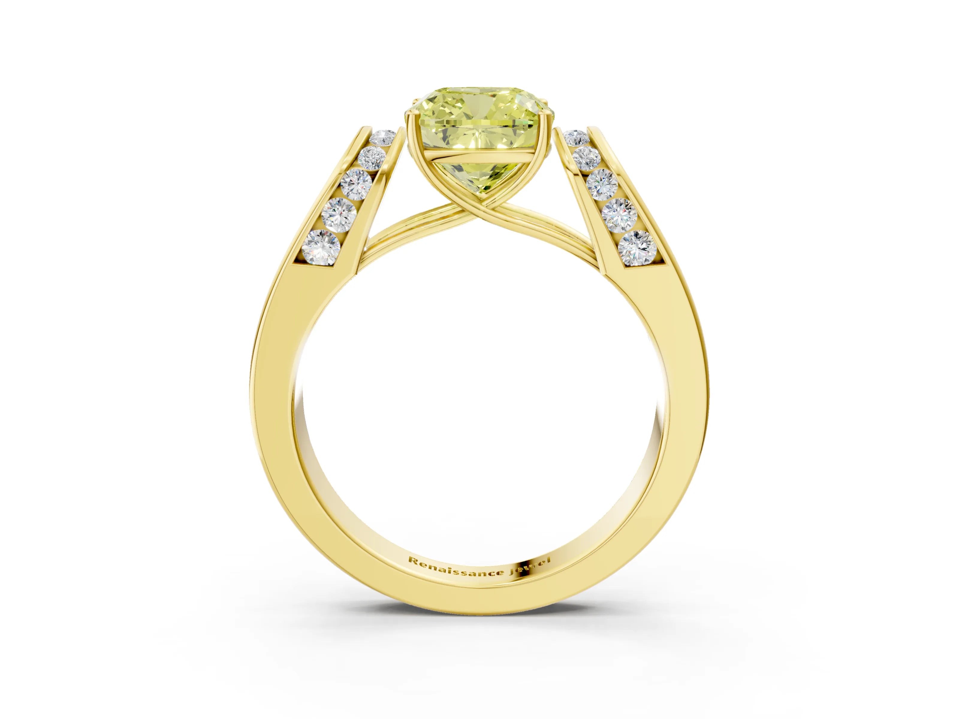 Yellow gold Fancy Yellow Cushion Cut Cut Diamond Channel Set Solitaire Ring with Four-Prong Setting_3