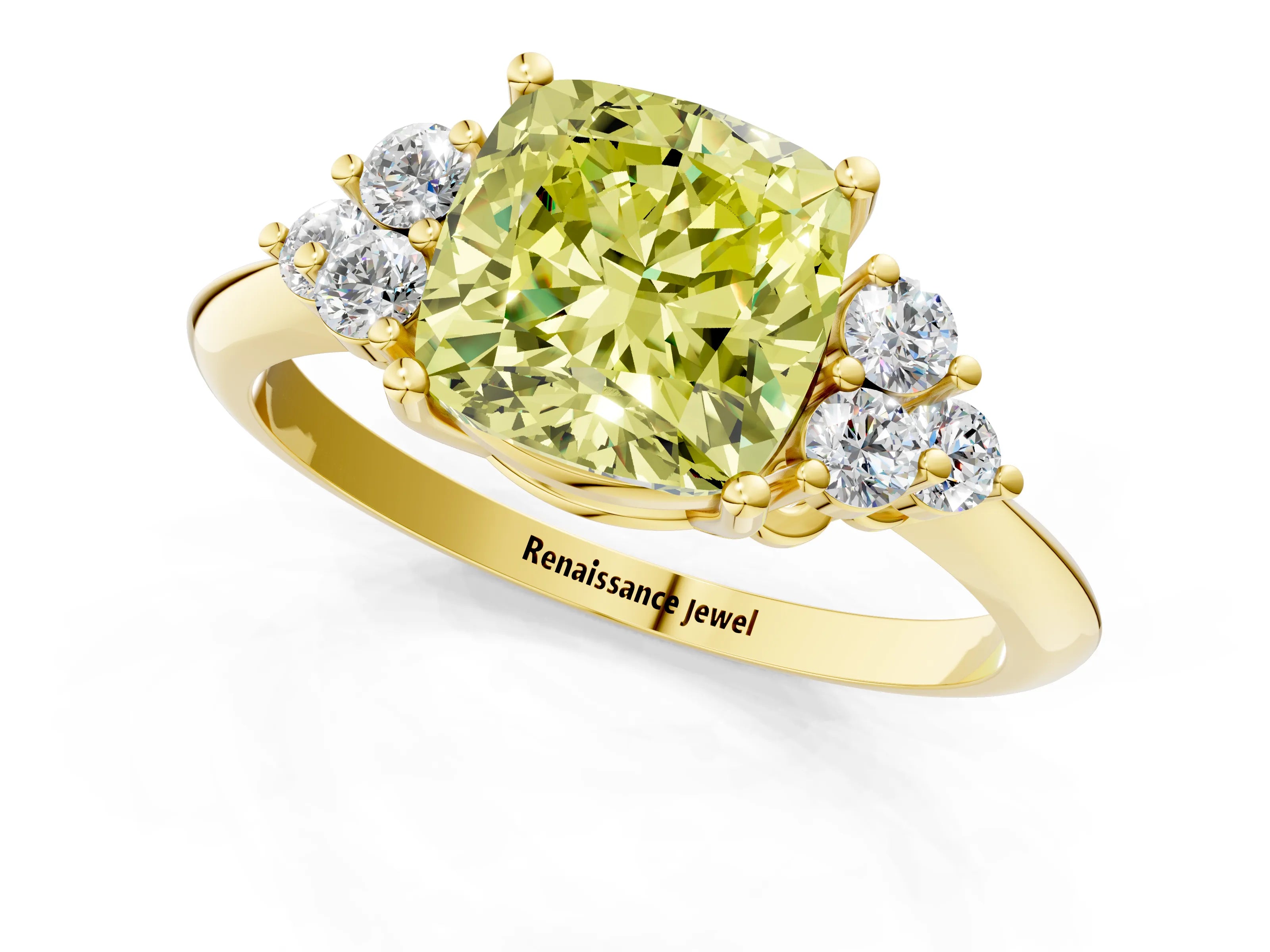 Yellow gold Fancy Yellow Cushion Cut Cut Diamond Cluster Ring with Solitaire Band and Four-Prong Setting_13