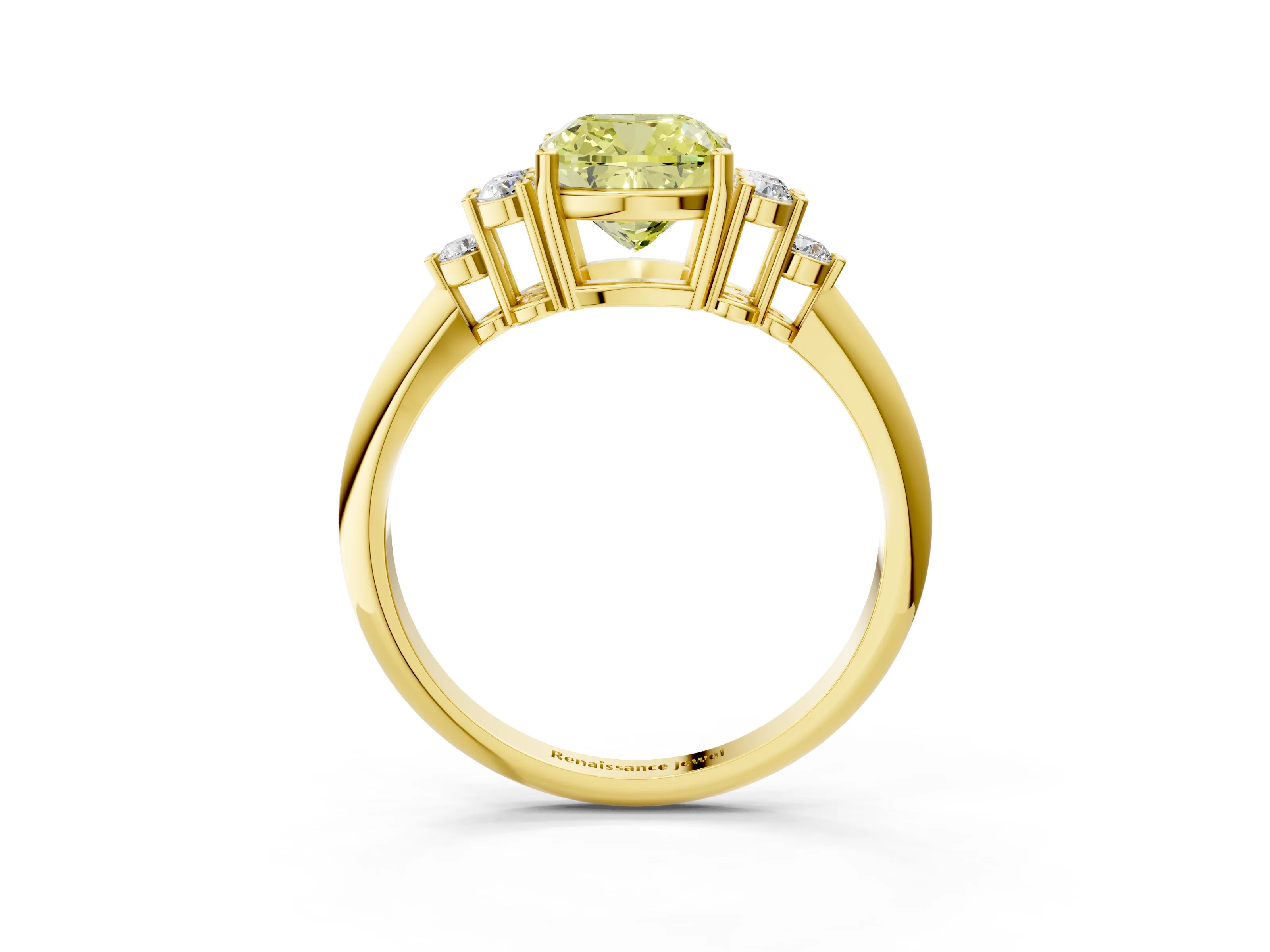 Yellow gold Fancy Yellow Cushion Cut Cut Diamond Cluster Ring with Solitaire Band and Four-Prong Setting_15