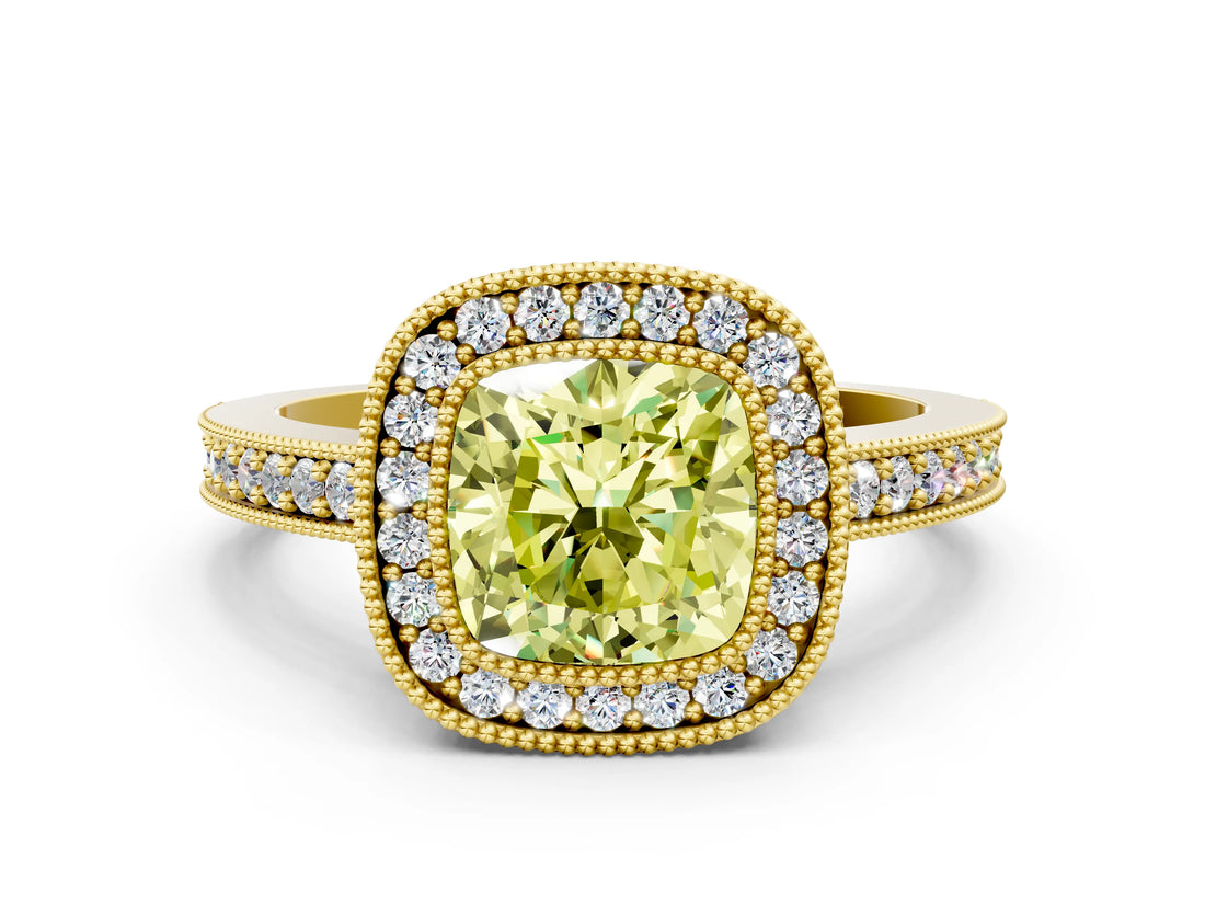 Yellow gold Fancy Yellow Cushion Cut-Cut Diamond Halo Engagement Ring with Pave Band and Prong Setting