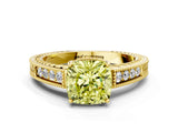 Yellow gold Fancy Yellow Cushion Cut Cut Diamond Milgrain Pave Band Four-Prong Setting Ring_3