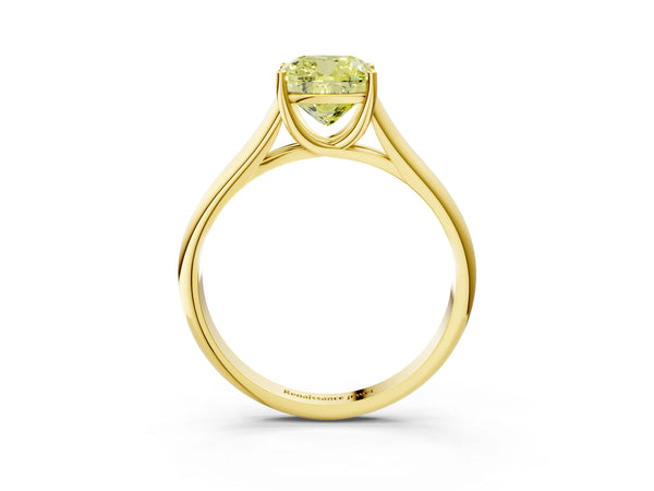 Yellow gold Fancy Yellow Cushion Cut Cut Diamond Solitaire Engagement Ring with Tapered Plain Band and Four-Prong Setting