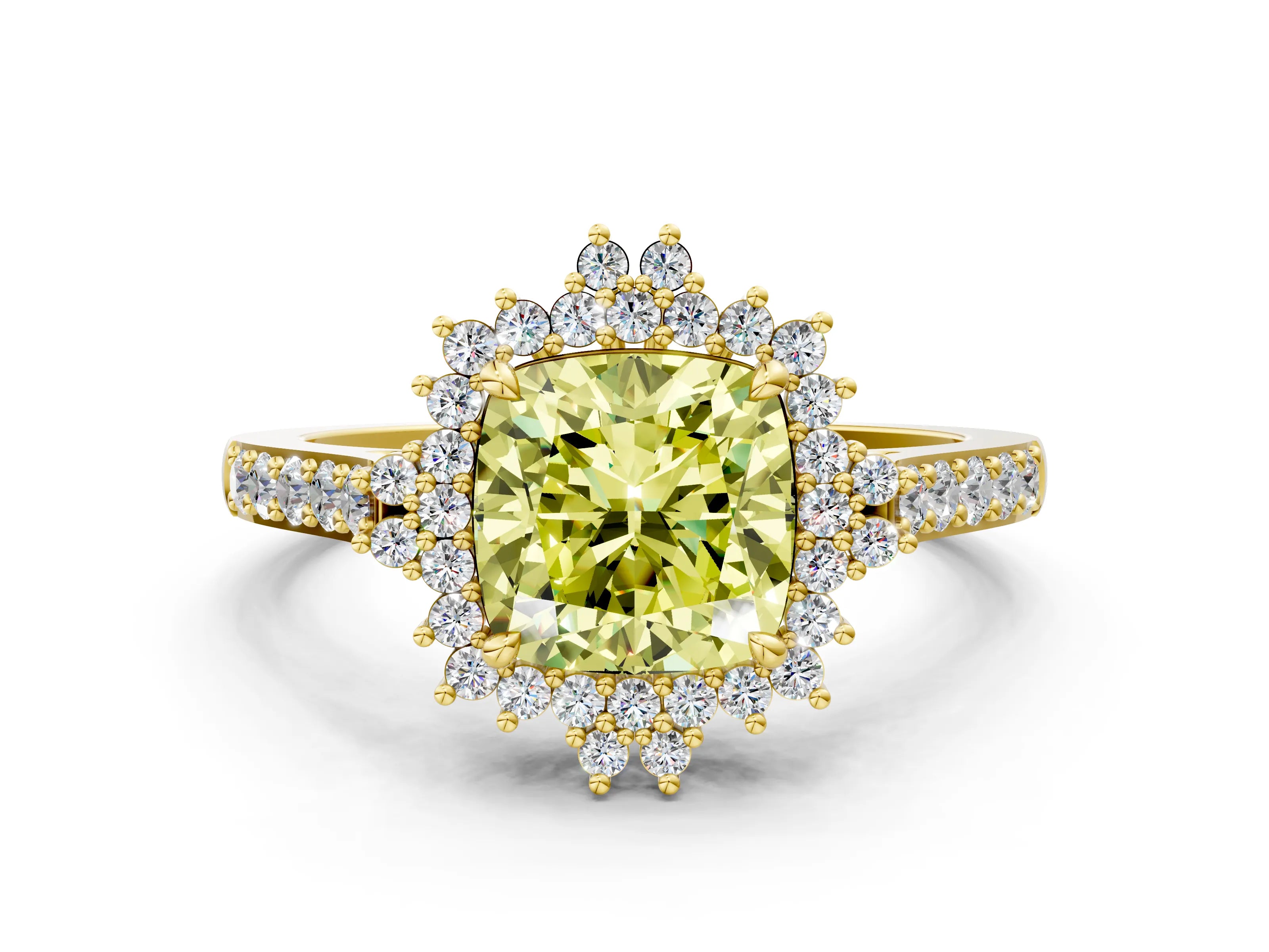 Yellow gold Fancy Yellow Cushion Cut Cut Diamond Sunburst Halo Engagement Ring with Pavé Band