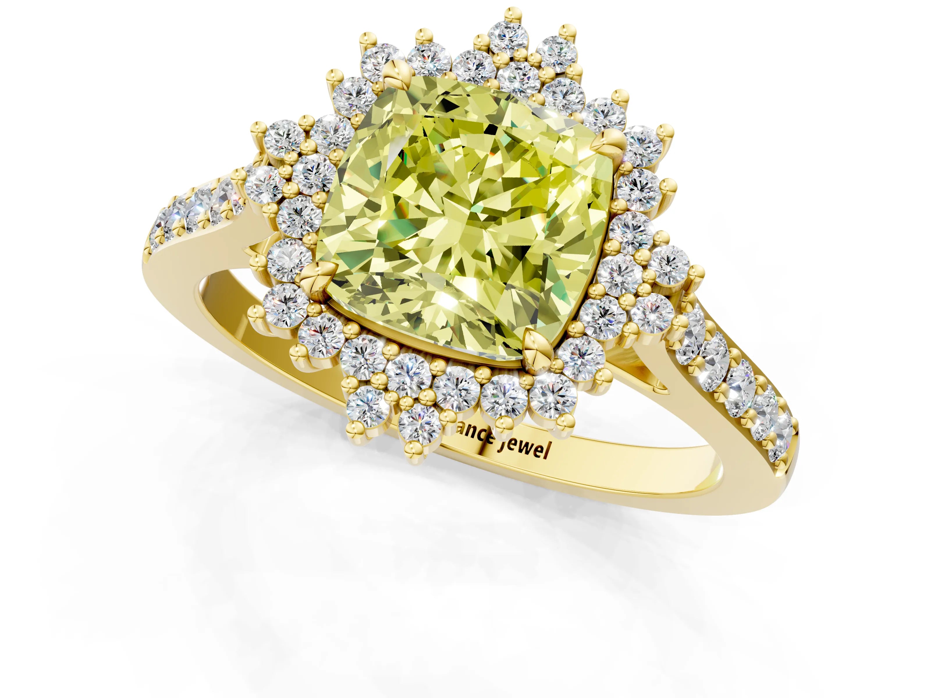 Yellow gold Fancy Yellow Cushion Cut Cut Diamond Sunburst Halo Engagement Ring with Pavé Band_1