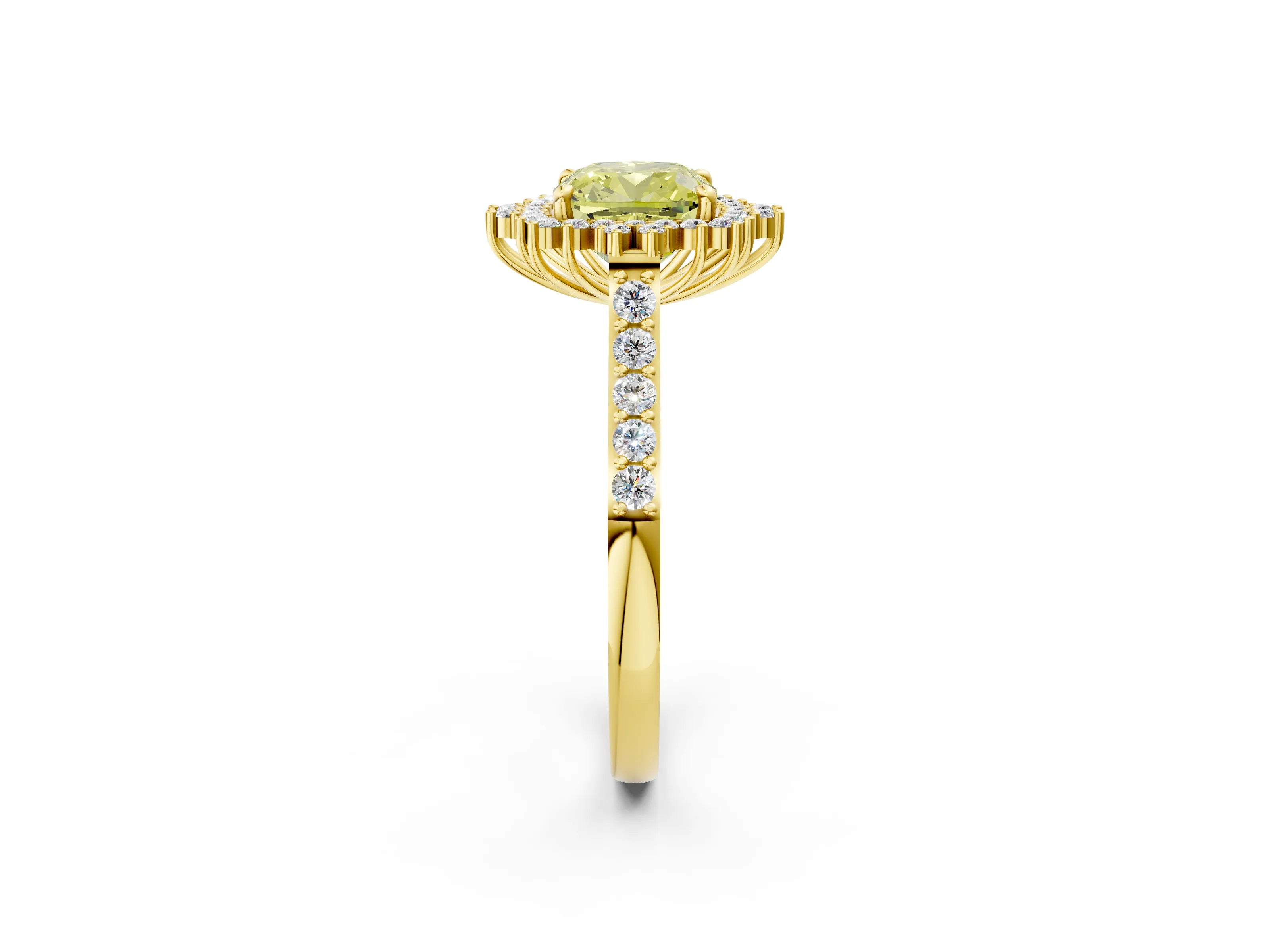 Yellow gold Fancy Yellow Cushion Cut Cut Diamond Sunburst Halo Engagement Ring with Pavé Band_2
