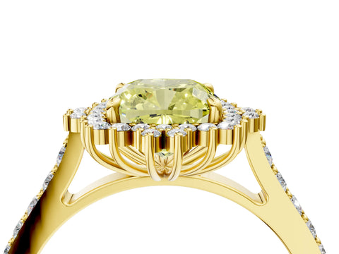 Yellow gold Fancy Yellow Cushion Cut Cut Diamond Sunburst Halo Engagement Ring with Pavé Band_4