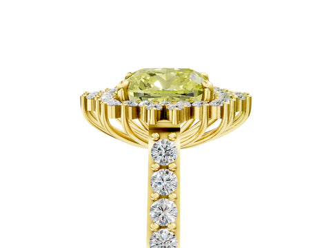 Yellow gold Fancy Yellow Cushion Cut Cut Diamond Sunburst Halo Engagement Ring with Pavé Band_5
