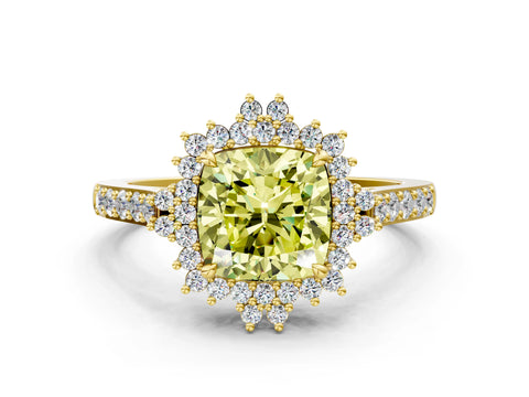 Yellow gold Fancy Yellow Cushion Cut Cut Diamond Sunburst Halo Engagement Ring with Pavé Band