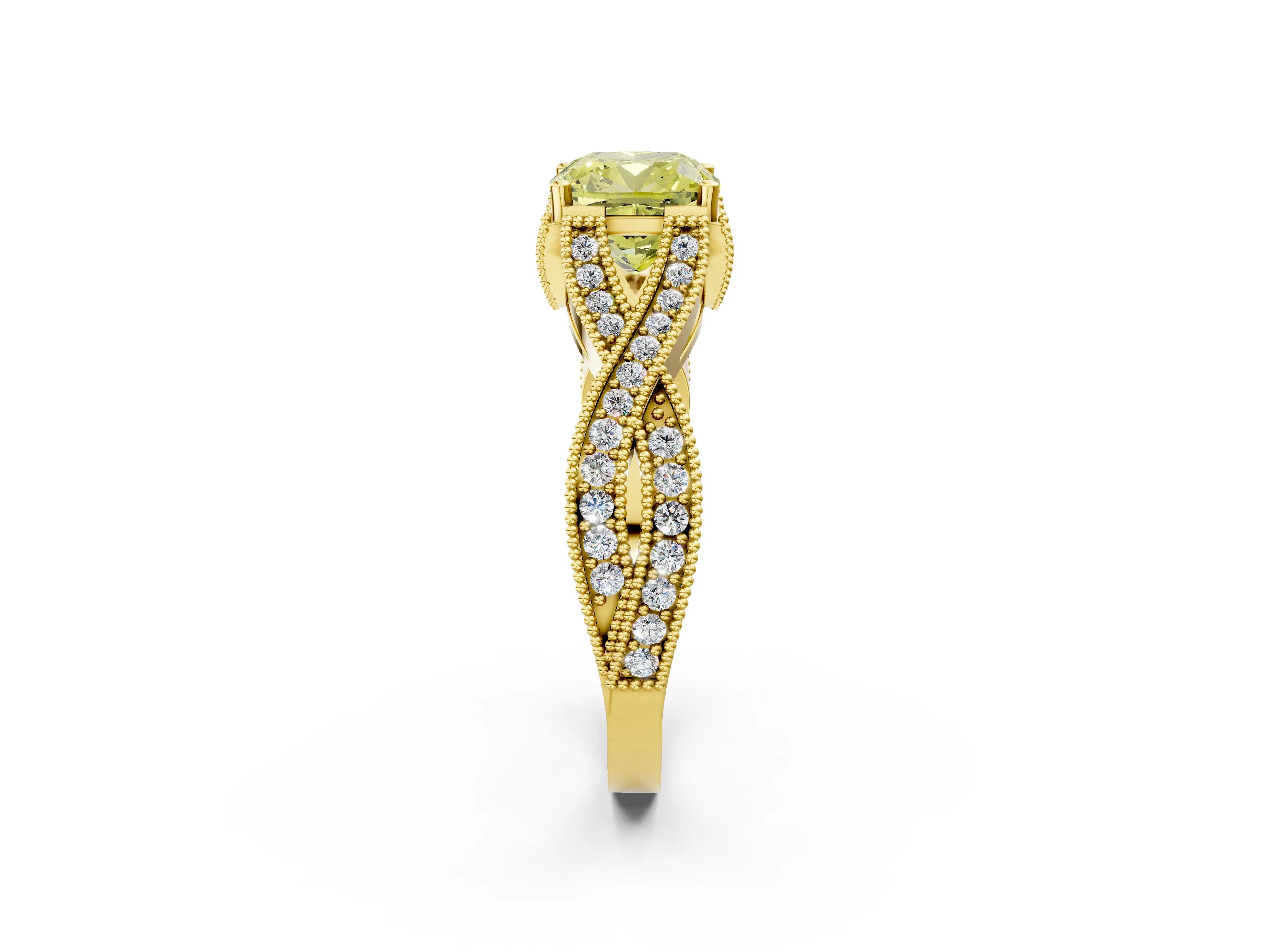 Yellow gold Fancy Yellow Cushion Cut Cut Diamond Twisted Band with Milgrain Pave Setting and Four-Prong Setting_11