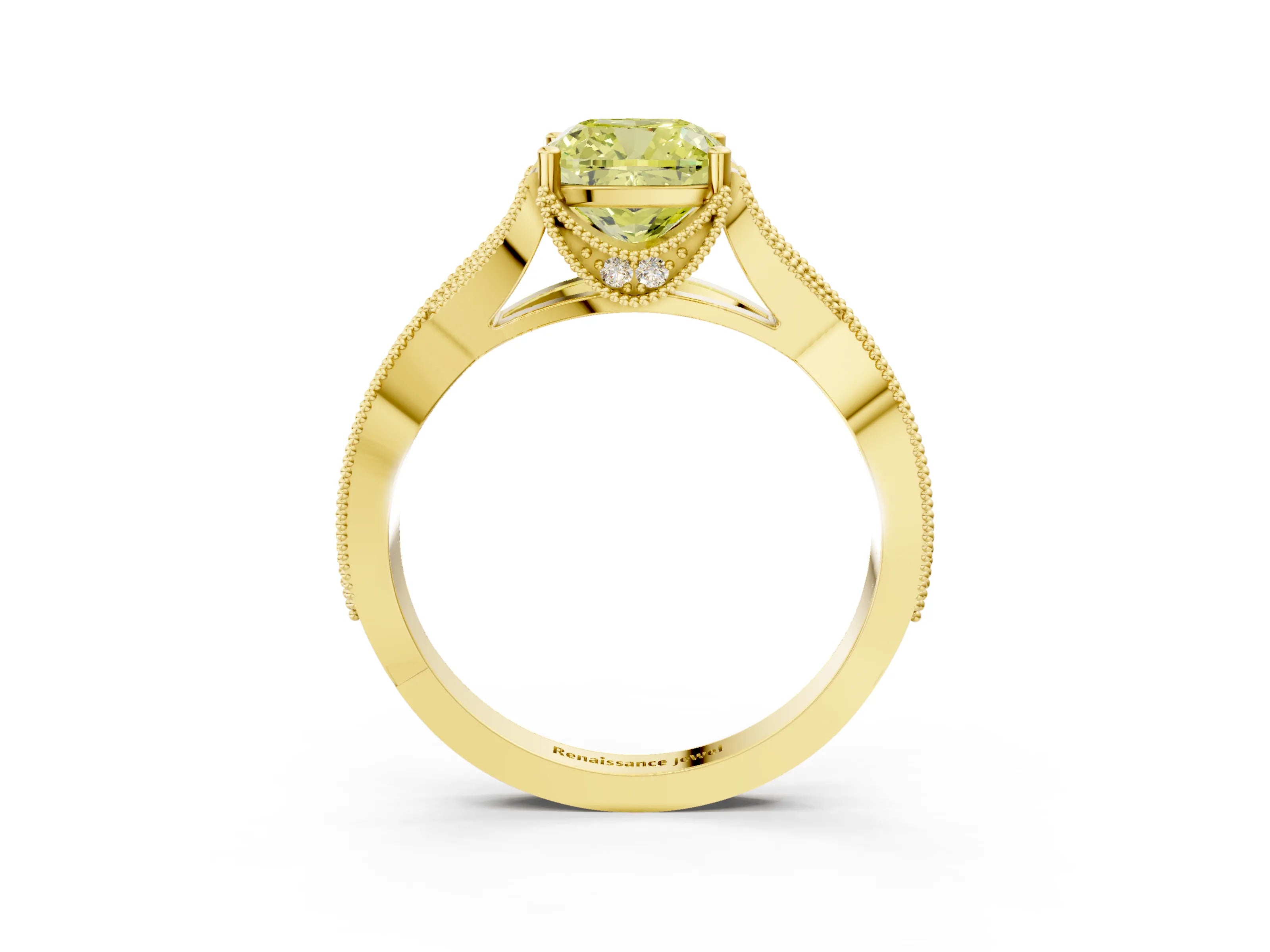Yellow gold Fancy Yellow Cushion Cut Cut Diamond Twisted Band with Milgrain Pave Setting and Four-Prong Setting_12