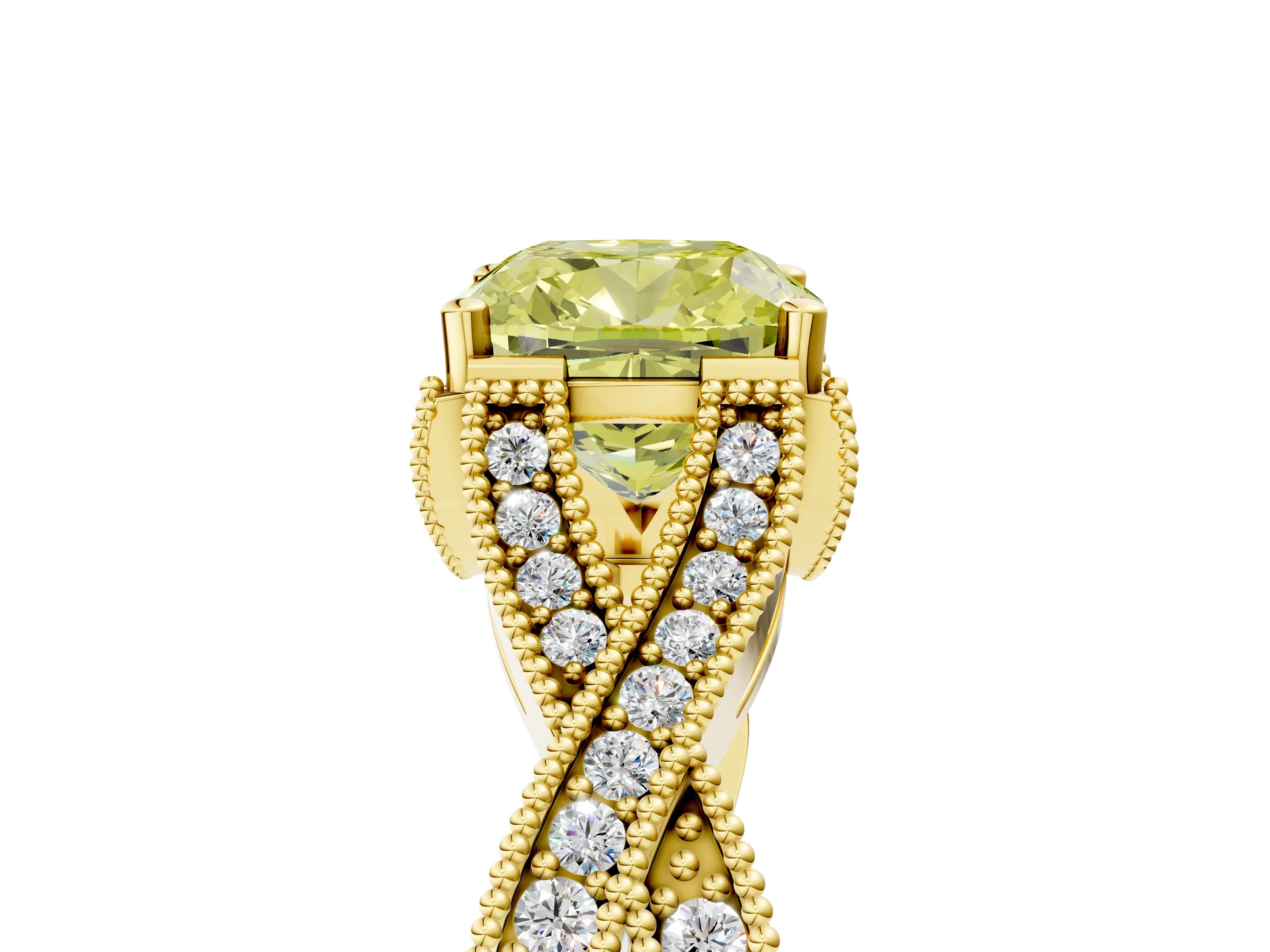 Yellow gold Fancy Yellow Cushion Cut Cut Diamond Twisted Band with Milgrain Pave Setting and Four-Prong Setting_14