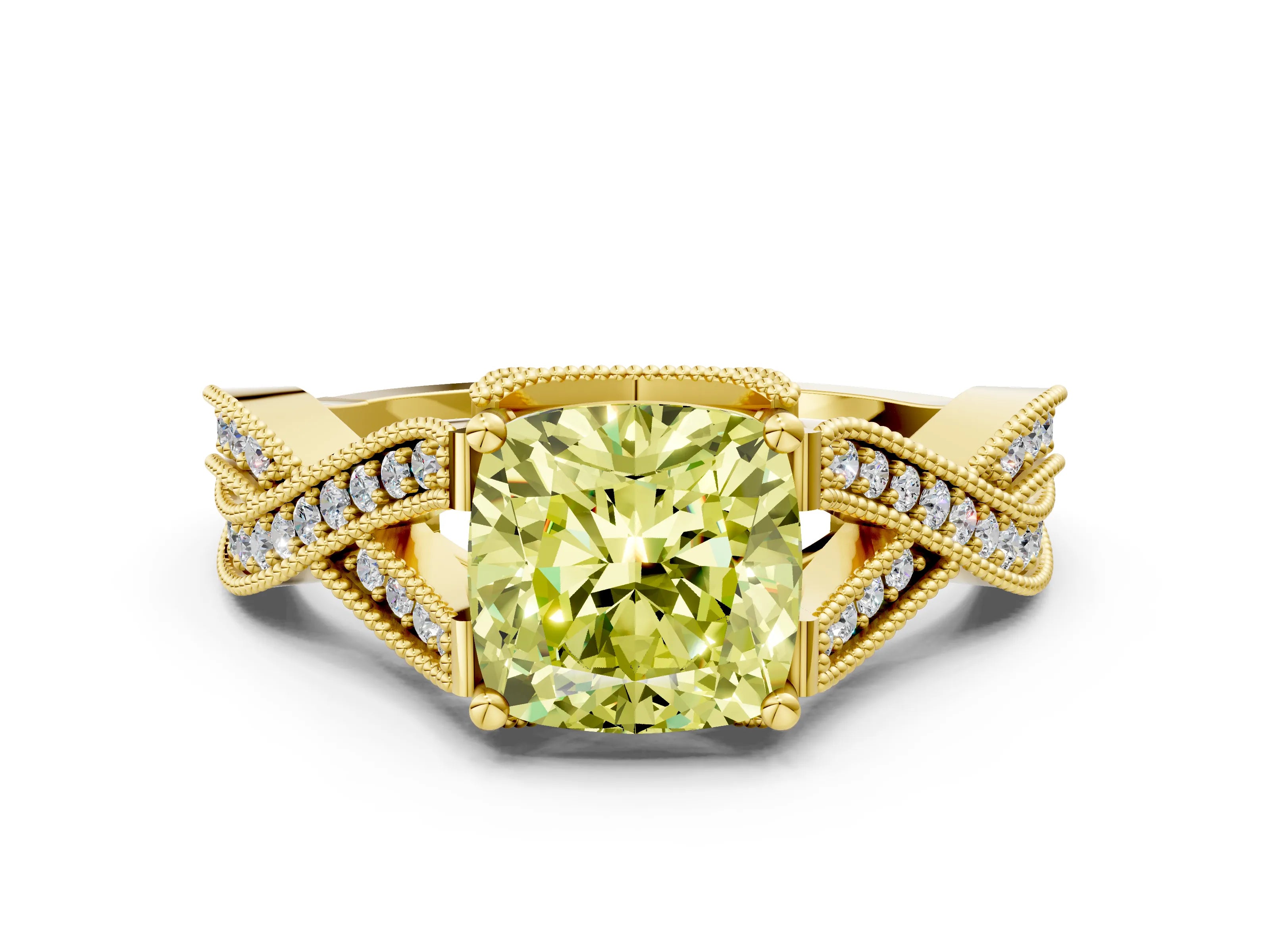 Yellow gold Fancy Yellow Cushion Cut Cut Diamond Twisted Band with Milgrain Pave Setting and Four-Prong Setting_24
