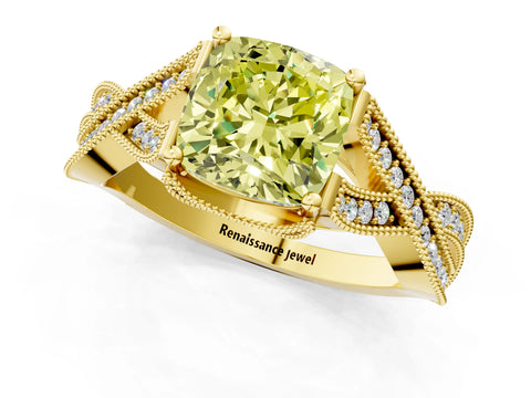 Yellow gold Fancy Yellow Cushion Cut Cut Diamond Twisted Band with Milgrain Pave Setting and Four-Prong Setting_25
