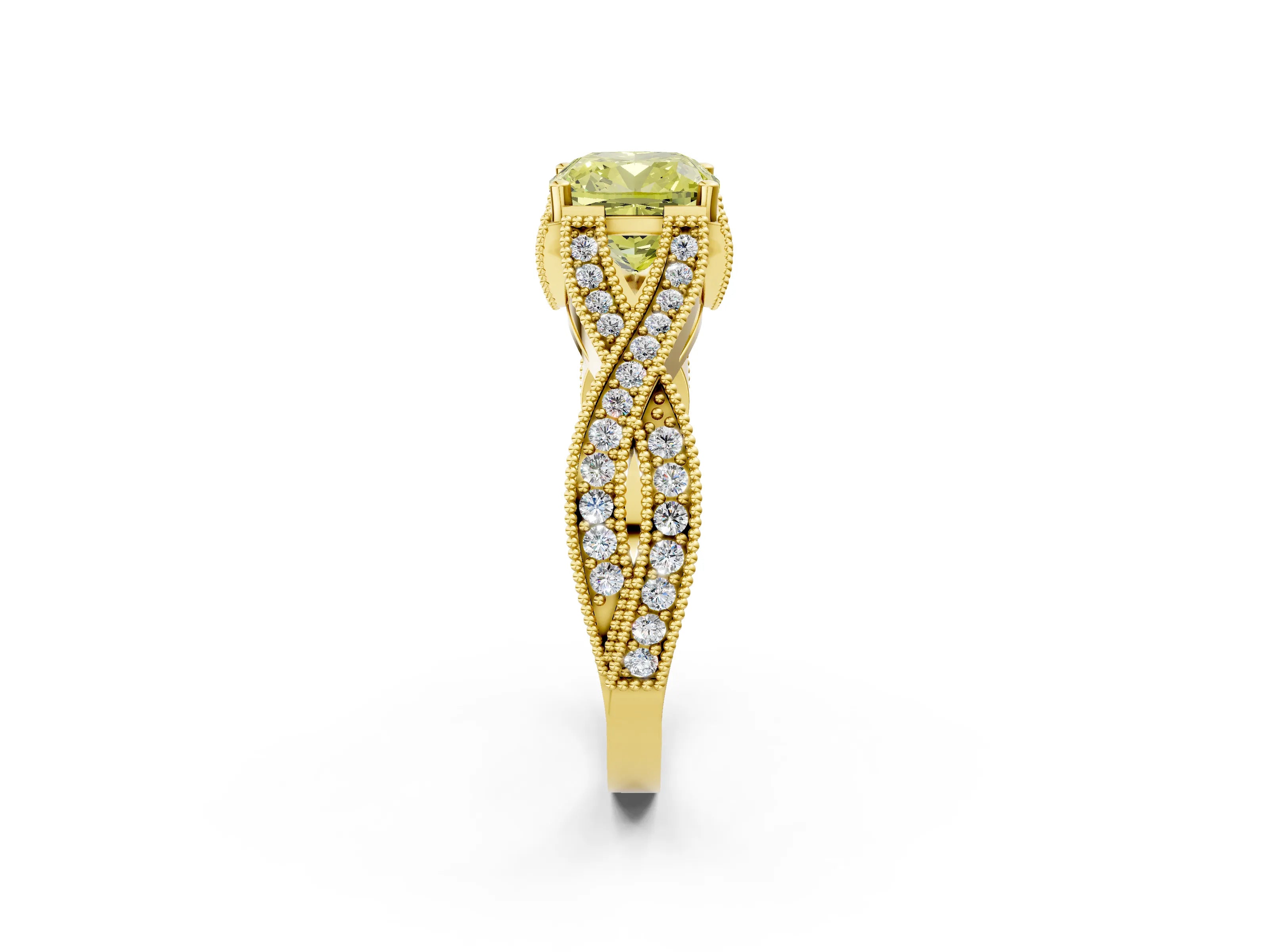 Yellow gold Fancy Yellow Cushion Cut Cut Diamond Twisted Band with Milgrain Pave Setting and Four-Prong Setting_26