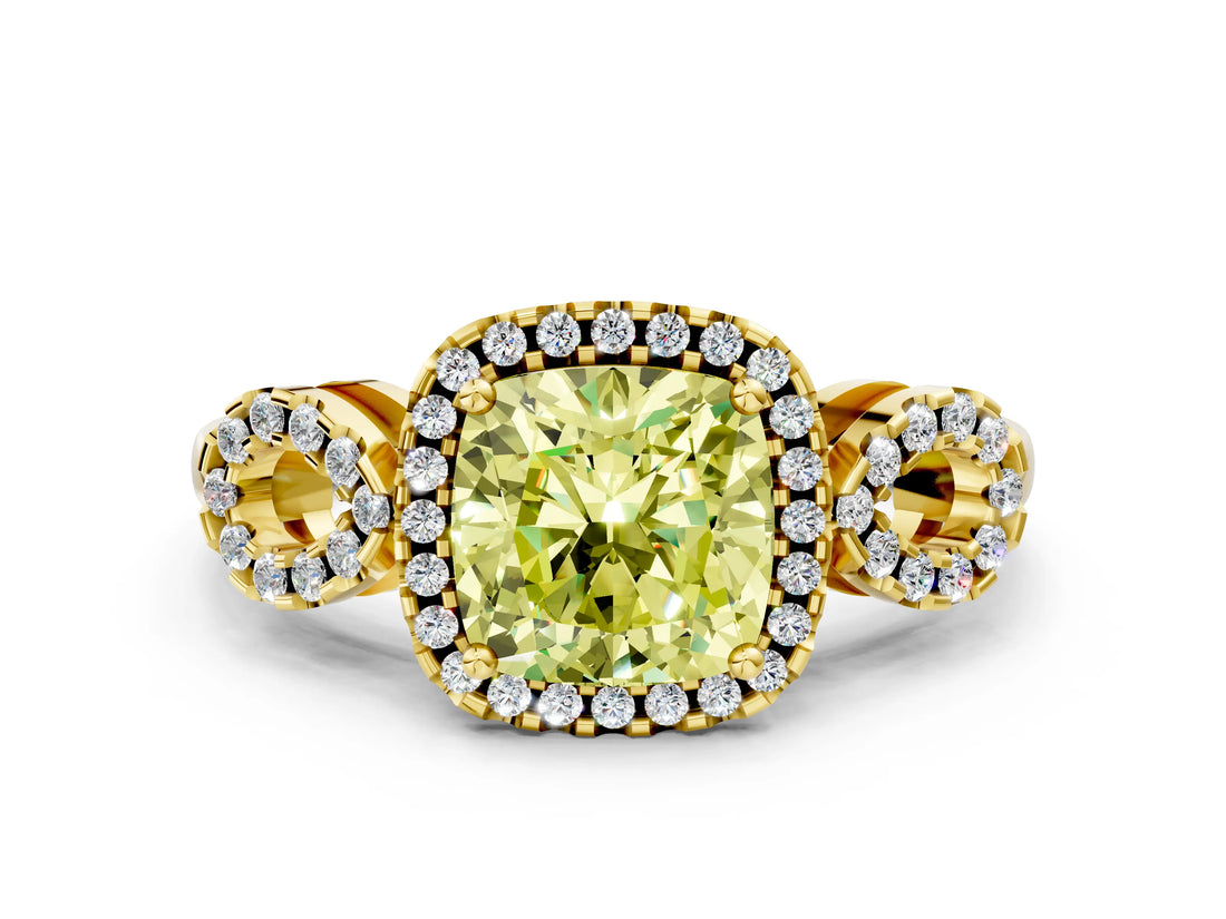 Yellow gold Fancy Yellow Cushion Cut Cut Halo Diamond Infinity Band with Four-Prong Setting