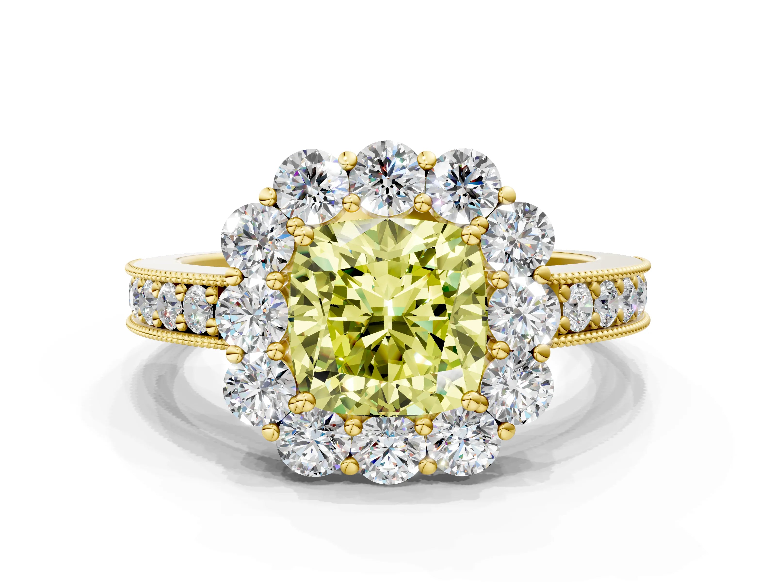 Yellow gold Fancy Yellow Cushion Cut Cut Halo Diamond Pavé Engagement Ring with Milgrain Detailing