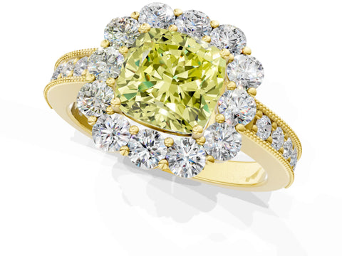 Yellow gold Fancy Yellow Cushion Cut Cut Halo Diamond Pavé Engagement Ring with Milgrain Detailing_1