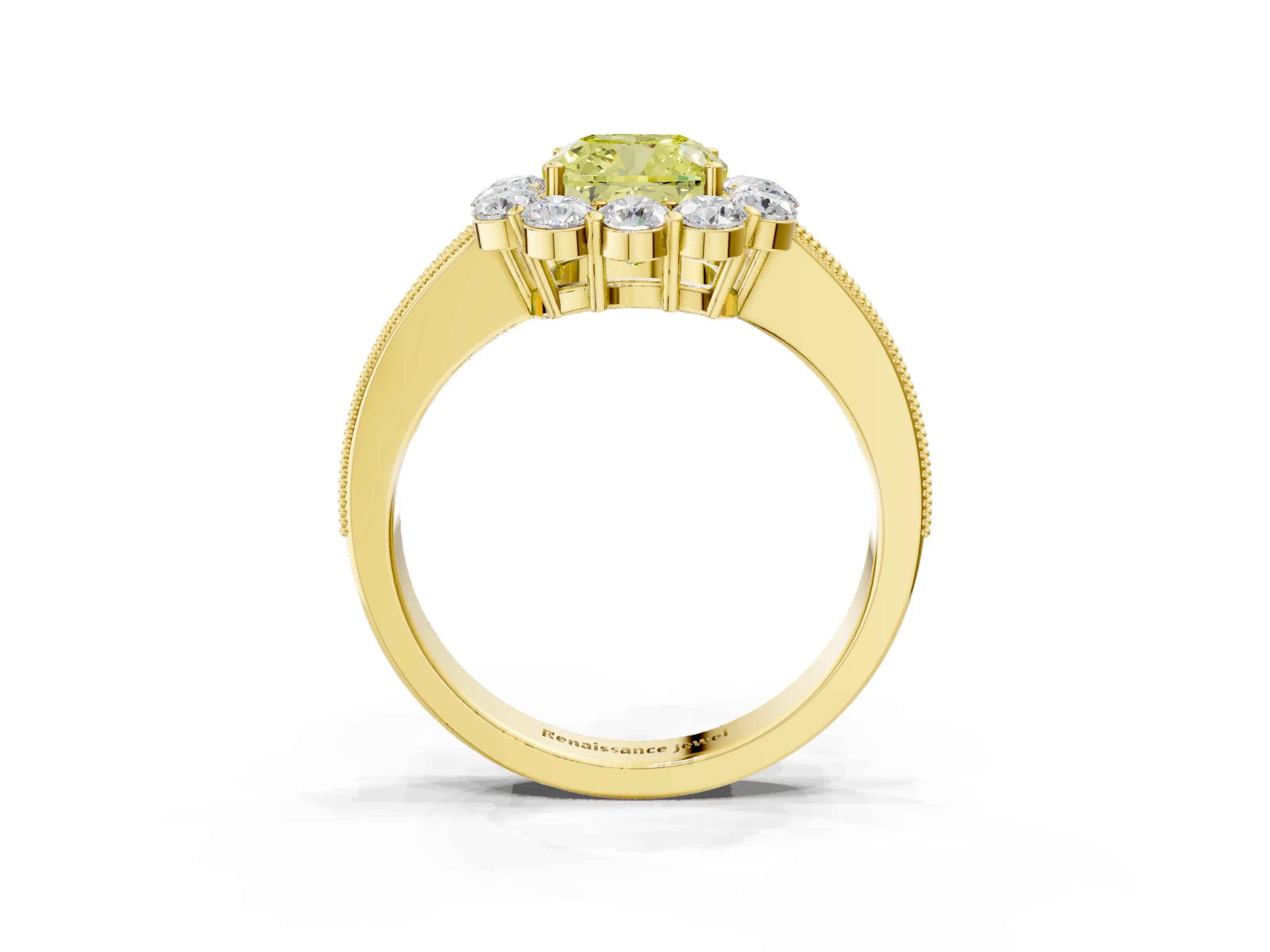 Yellow gold Fancy Yellow Cushion Cut Cut Halo Diamond Pavé Engagement Ring with Milgrain Detailing_3
