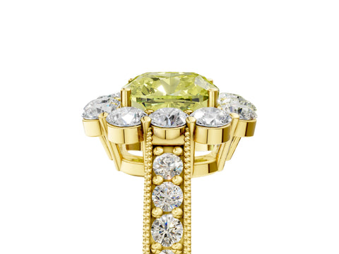Yellow gold Fancy Yellow Cushion Cut Cut Halo Diamond Pavé Engagement Ring with Milgrain Detailing_5