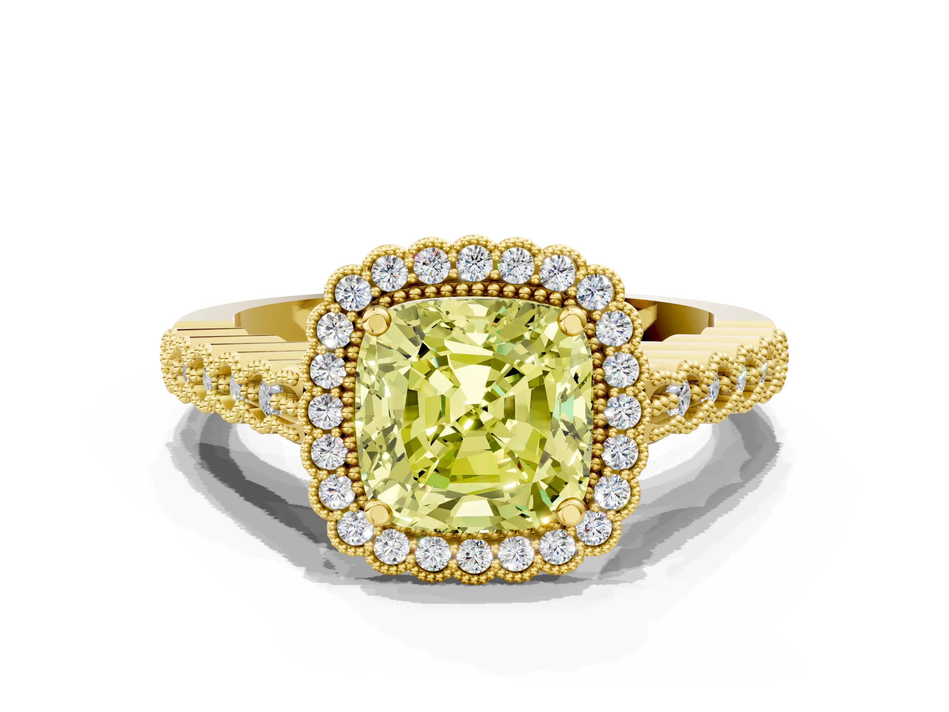Yellow gold Fancy Yellow Cushion Cut Cut Halo Pavé Solitaire Ring with Milgrain Band