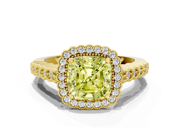 Yellow gold Fancy Yellow Cushion Cut Cut Halo Pavé Solitaire Ring with Milgrain Band