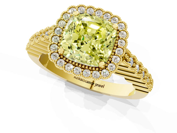 Yellow gold Fancy Yellow Cushion Cut Cut Halo Pavé Solitaire Ring with Milgrain Band
