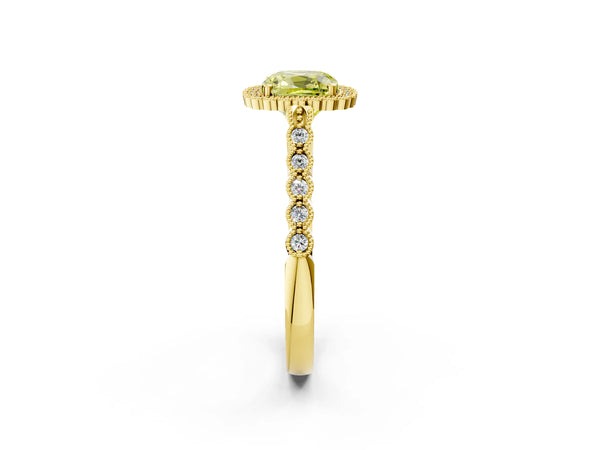 Yellow gold Fancy Yellow Cushion Cut Cut Halo Pavé Solitaire Ring with Milgrain Band