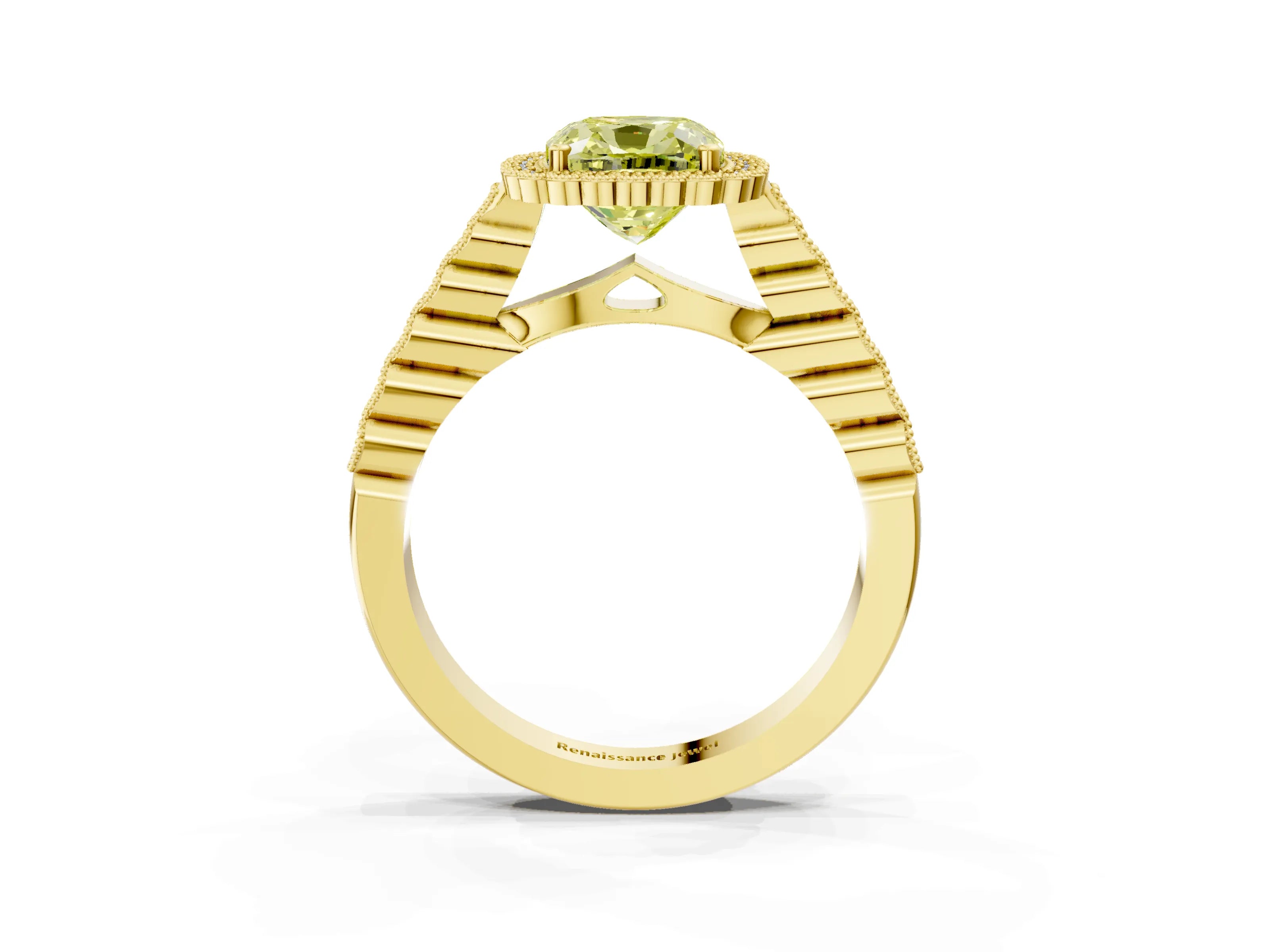 Yellow gold Fancy Yellow Cushion Cut Cut Halo Pavé Solitaire Ring with Milgrain Band_3