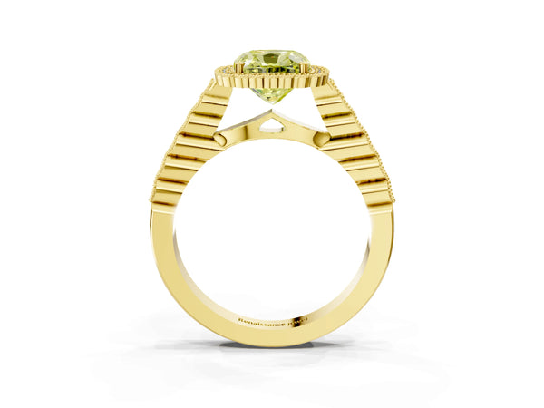 Yellow gold Fancy Yellow Cushion Cut Cut Halo Pavé Solitaire Ring with Milgrain Band