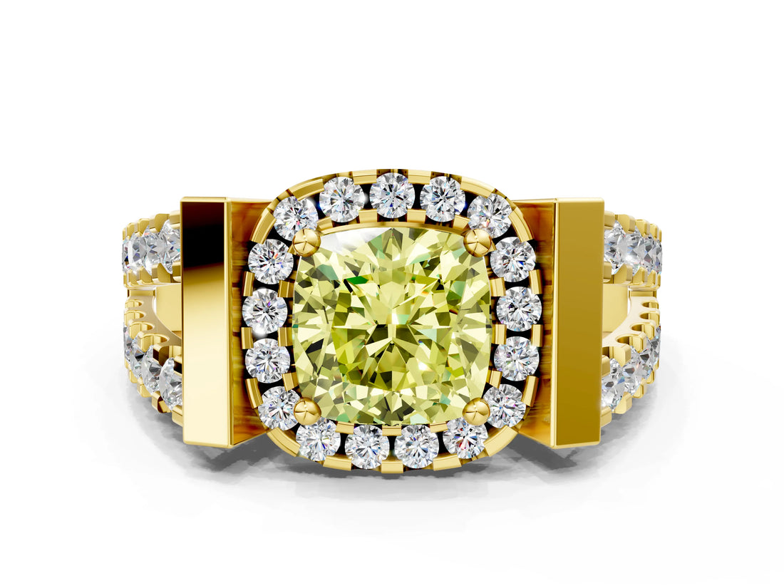 Yellow gold Fancy Yellow Cushion Cut Cut Halo Split Shank Prong Set Ring