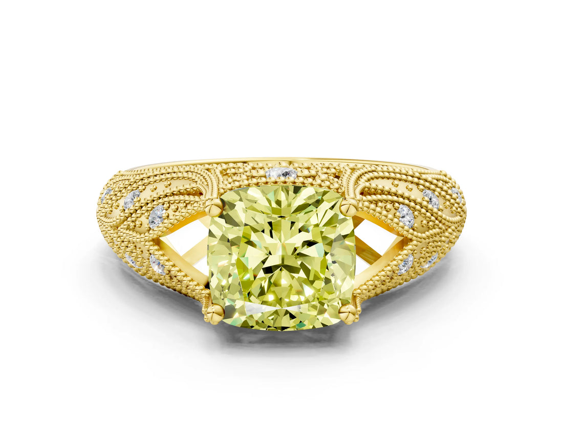 Yellow gold Fancy Yellow Cushion Cut Cut Milgrain Pave Diamond Engagement Ring with Four-Prong Setting_15