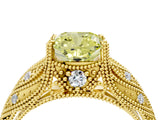 Yellow gold Fancy Yellow Cushion Cut Cut Milgrain Pave Diamond Engagement Ring with Four-Prong Setting_19