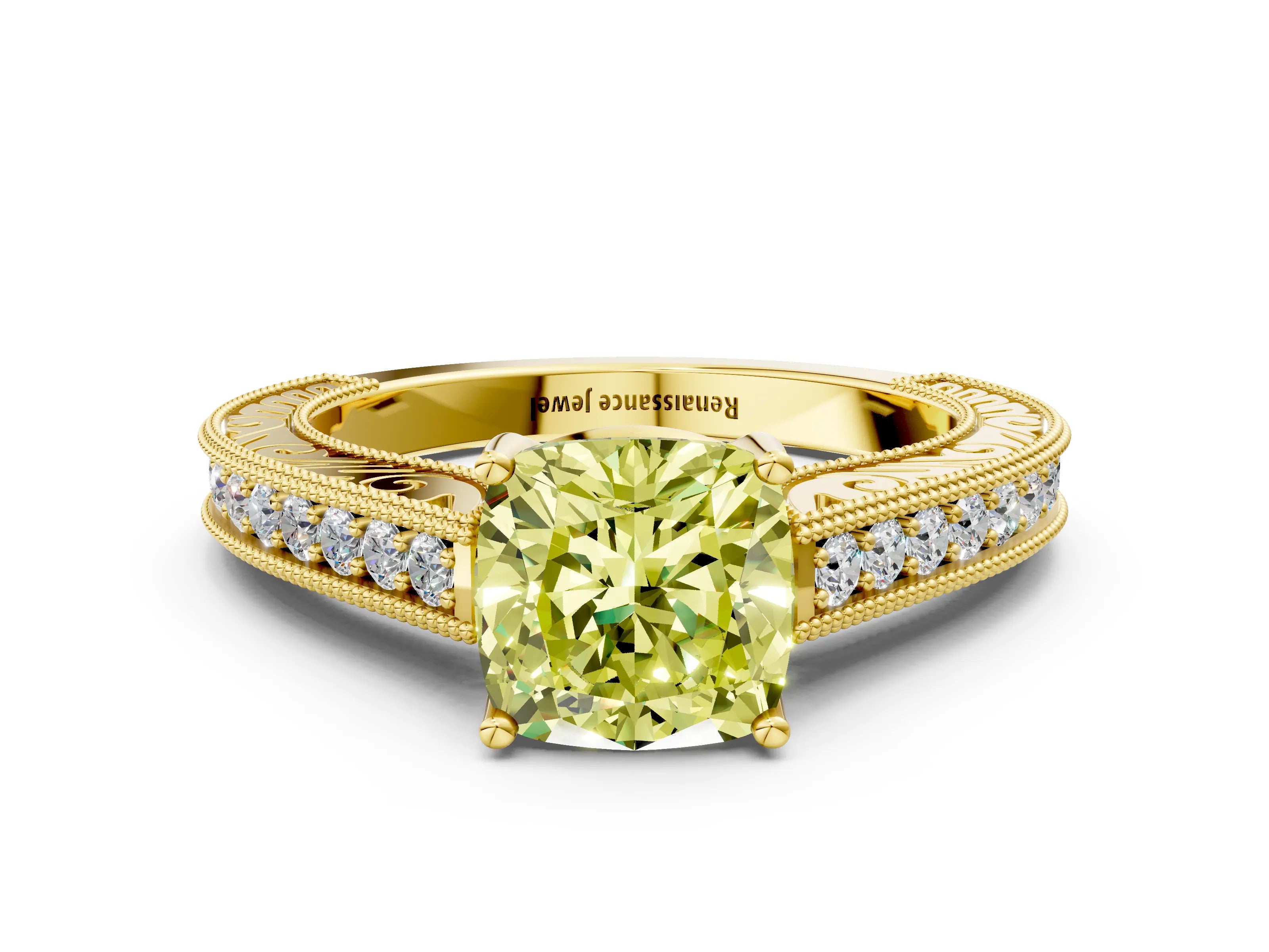 Yellow gold Fancy Yellow Cushion Cut Cut Pave Band Milgrain Solitaire Ring