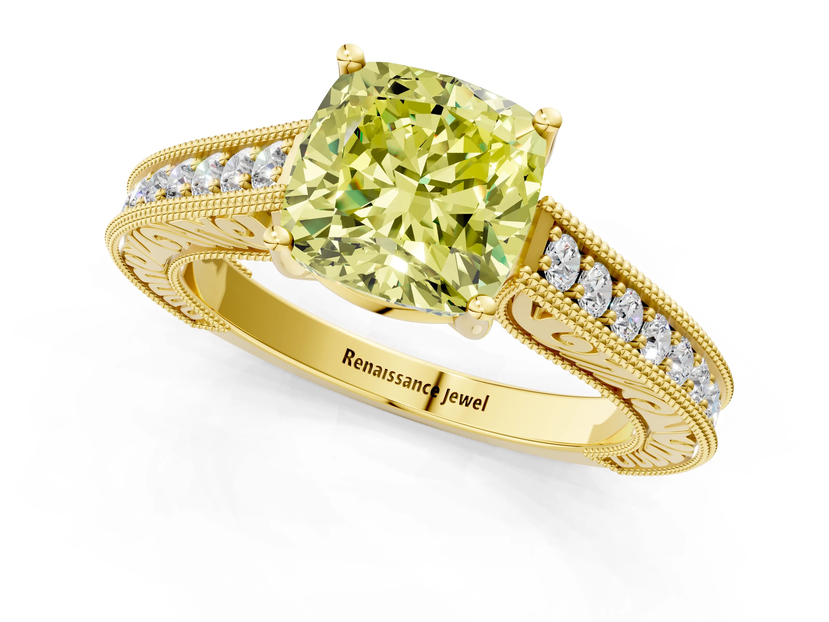 Yellow gold Fancy Yellow Cushion Cut Cut Pave Band Milgrain Solitaire Ring_1