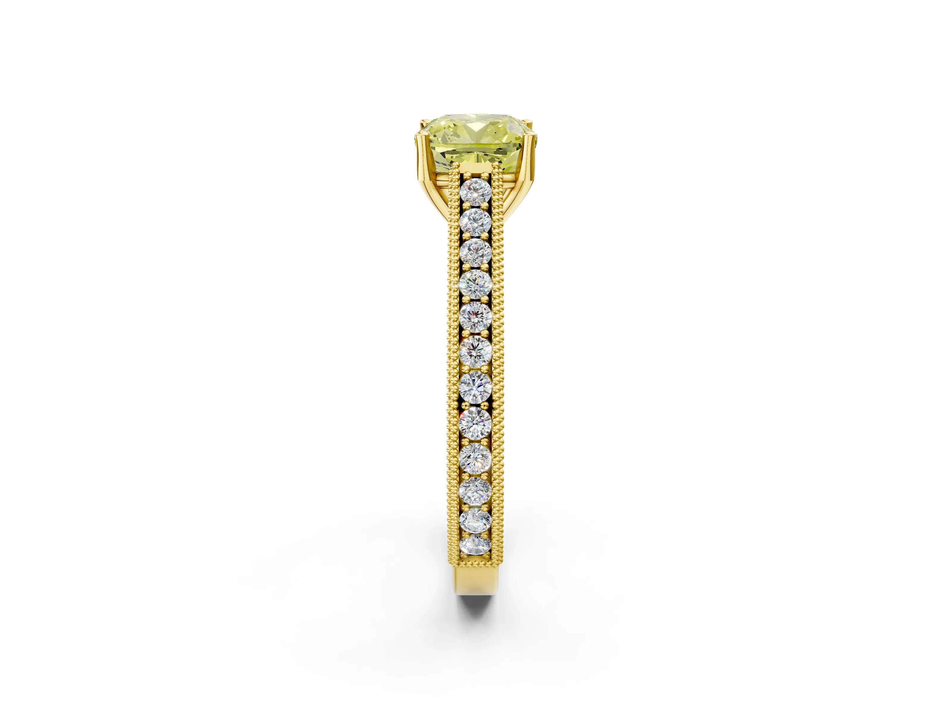 Yellow gold Fancy Yellow Cushion Cut Cut Pave Band Milgrain Solitaire Ring_2